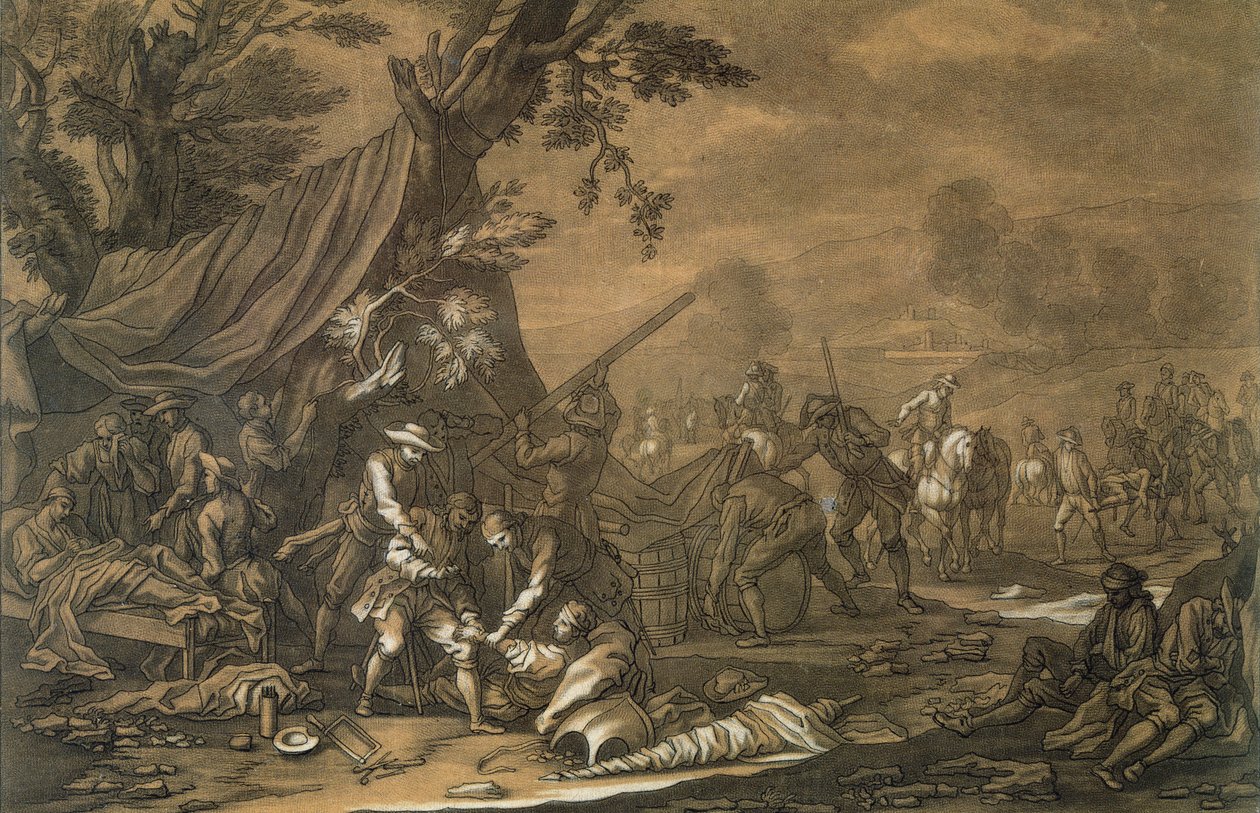 Militärchirurg auf dem Schlachtfeld während des Spanischen Erbfolgekriegs, 1707, graviert von Christian Rugendas (1708-81) um 1740 von Georg Philipp I Rugendas