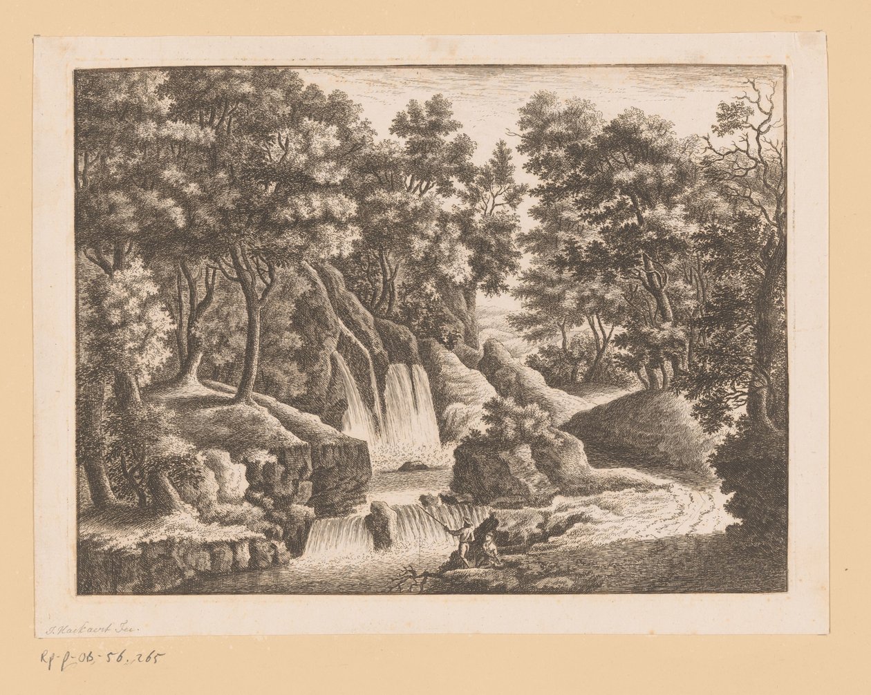 Wasserfall im Wald mit zwei Fischern im Vordergrund von Georg Wolfgang Knorr (possibly)