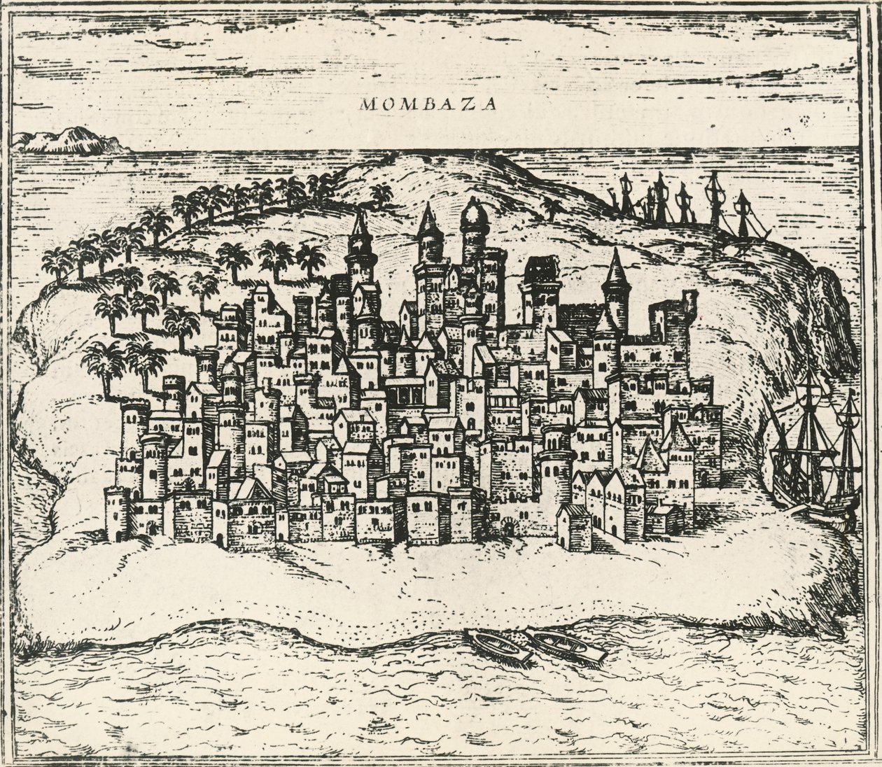 Stadt Mombasa in Kenia, Gravur aus Civitates Orbis Terrarum von Georg Braun and Hogenberg Franz