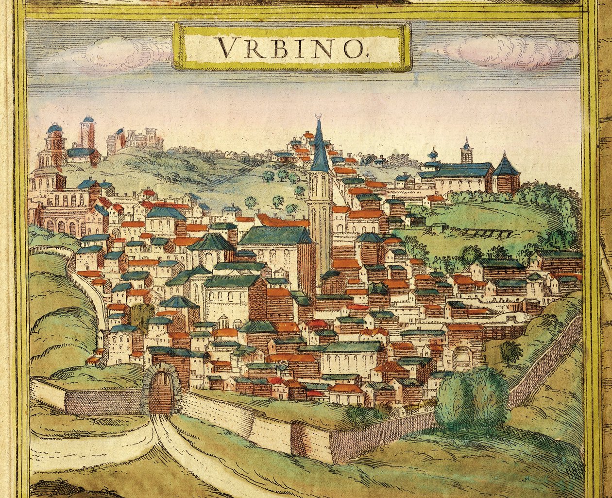Ansicht von Urbino, Farbstich aus Civitates Orbis Terrarum von Georg Braun and Hogenberg Franz