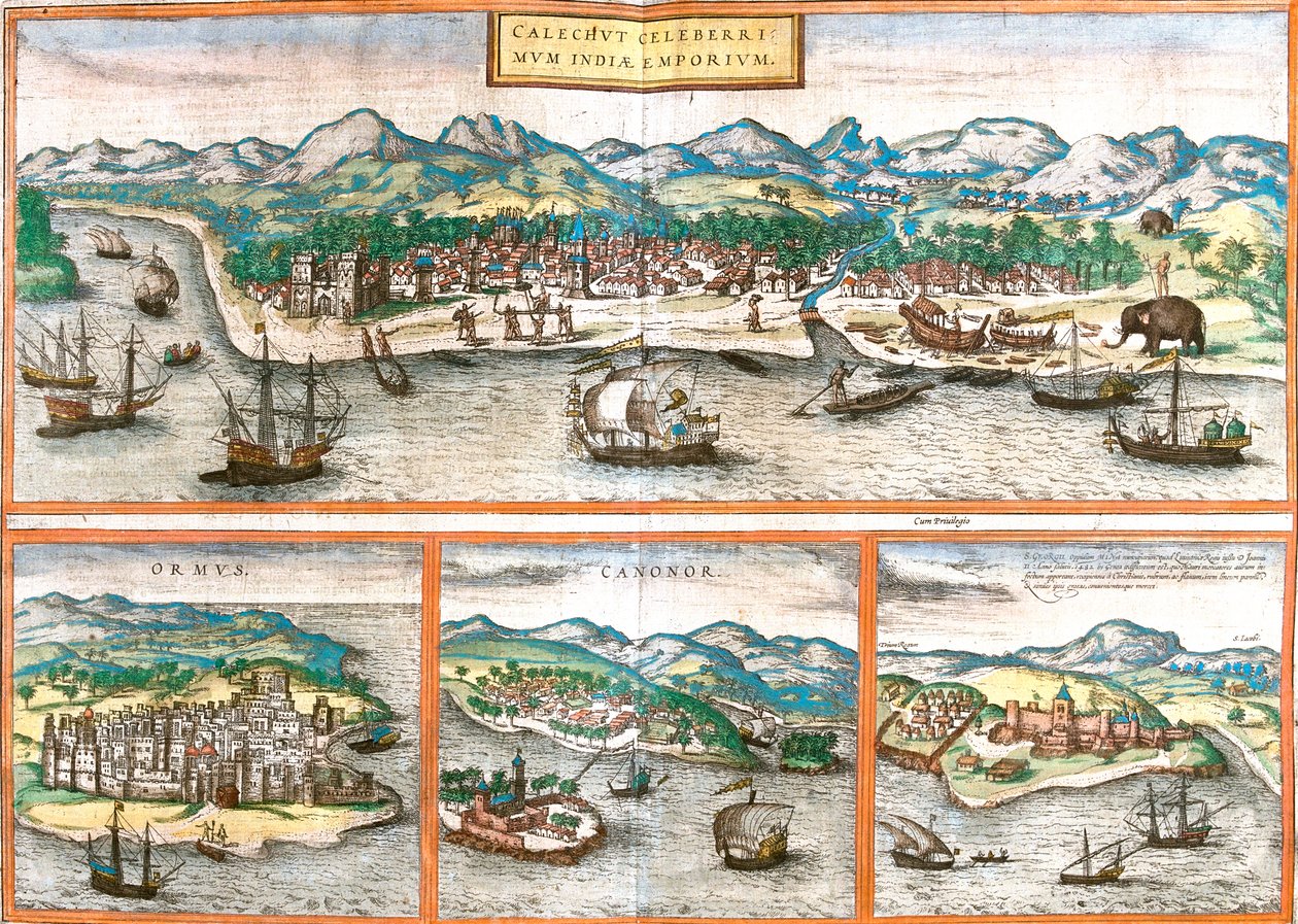 Kozhikode, Hormuz-Insel, Kannur, Elmina, Indien, Iran, Ghana von Georg and Hogenberg Franz (1535 90) Braun