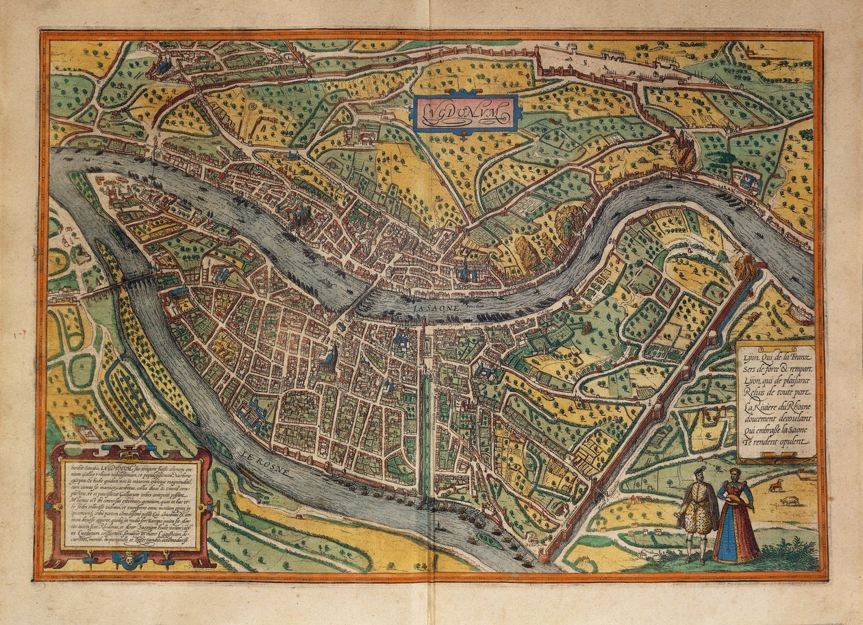 Karte von Lyon, Frankreich aus Civitates Orbis Terrarum von Georg Braun and Hogenberg Franz