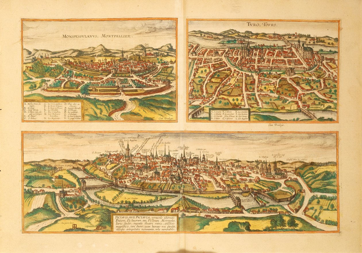 Karte von Montpellier, Tours und Poitiers aus Civitates Orbis Terrarum von Georg Braun and Hogenberg Franz