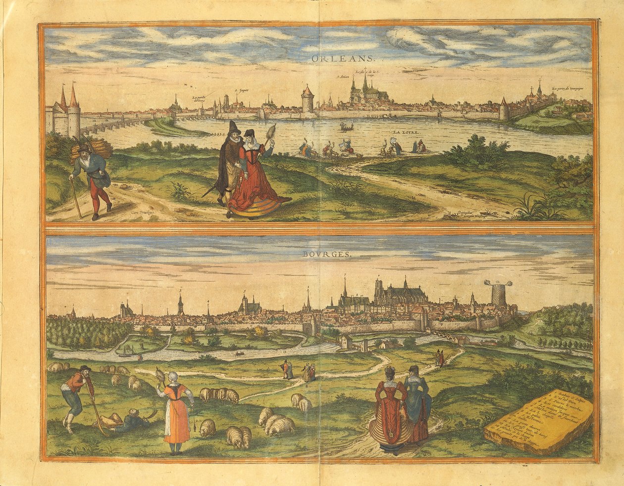 Karte von Orleans und Bourges aus Civitates Orbis Terrarum von Georg Braun and Hogenberg Franz