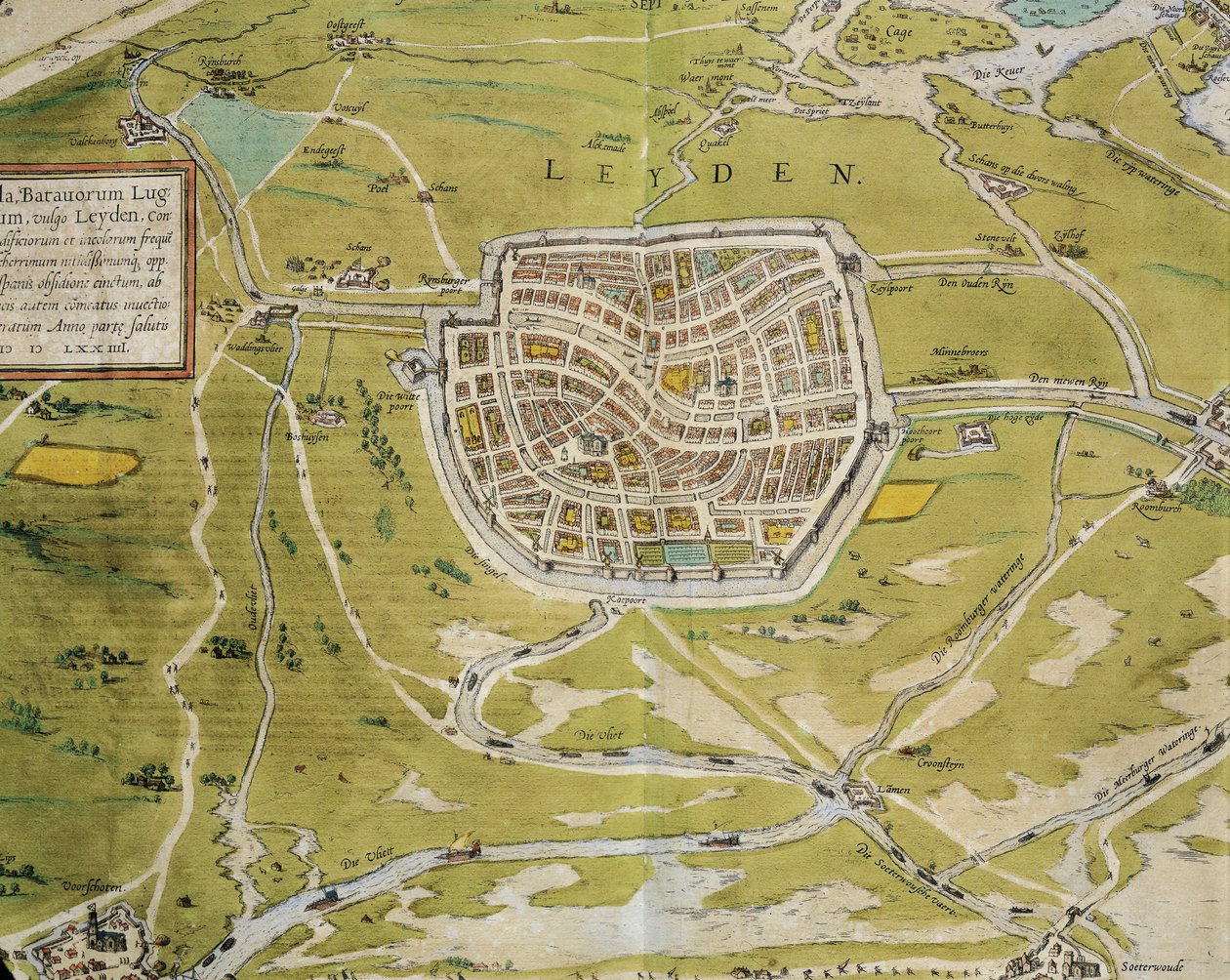 Niederlande, Karte der Stadt und Region Leiden aus Civitates Orbis Terrarum von Georg Braun und Franz Hogenberg, Köln, Kupferstich von Georg Braun and Hogenberg Franz