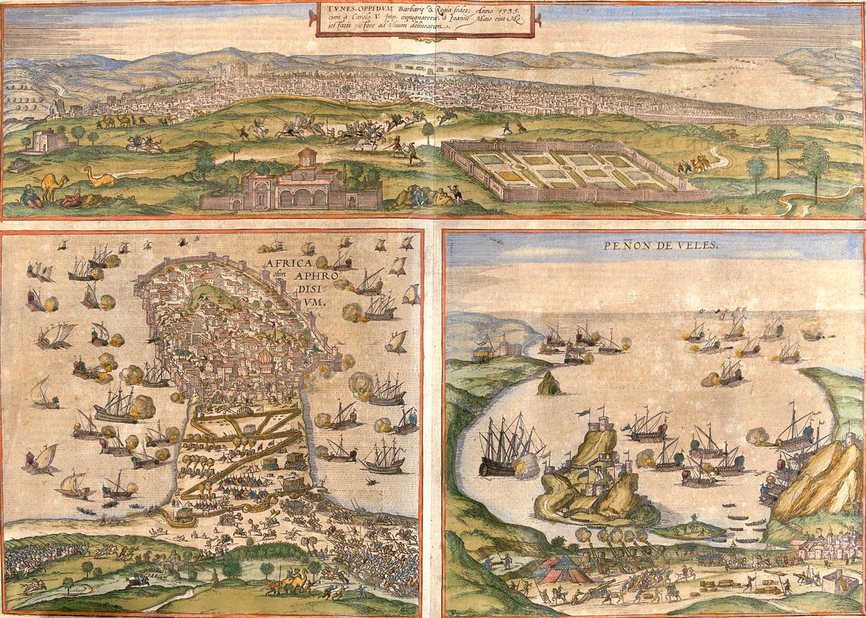 Tunis, Mahdia, Peñón de Vélez de la Gomera, Tunesien, Spanien, Marokko von Georg and Hogenberg Franz (1535 90) Braun