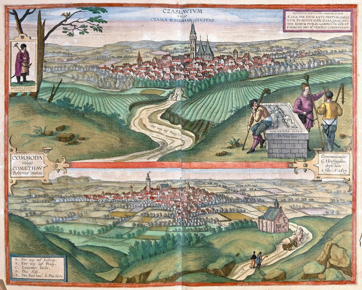 Caslav (Böhmen) und Chomutov, Tschechische Republik (Gravur) von Georg Braun and Hogenberg Franz