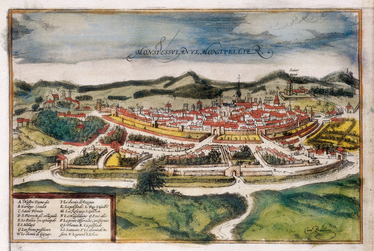 Plan der Stadt Montpellier von Georg Braun and Hogenberg Franz