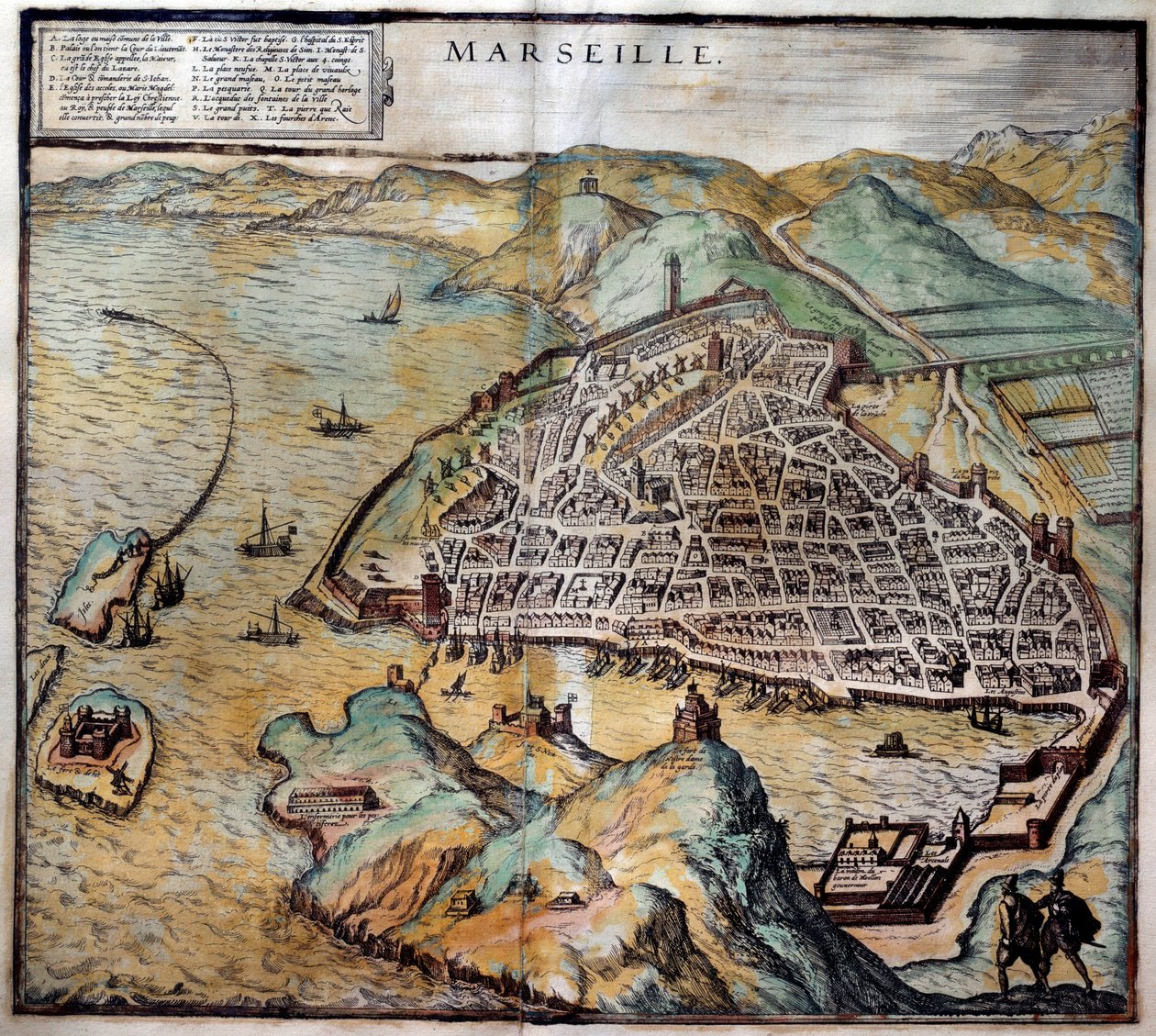 Ansicht der Stadt Marseille mit Straßenkarte. Gravur aus dem Atlas von Braun und Hogenberg 1572 Marseille, Musée de la Marine von Georg Braun and Hogenberg Franz