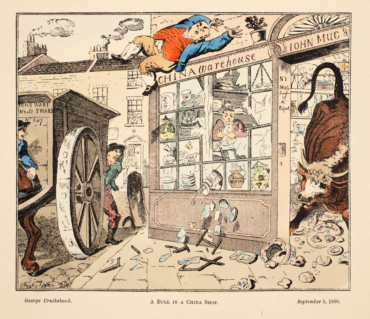 Ein Stier im Porzellanladen, veröffentlicht 1808 von George Cruikshank