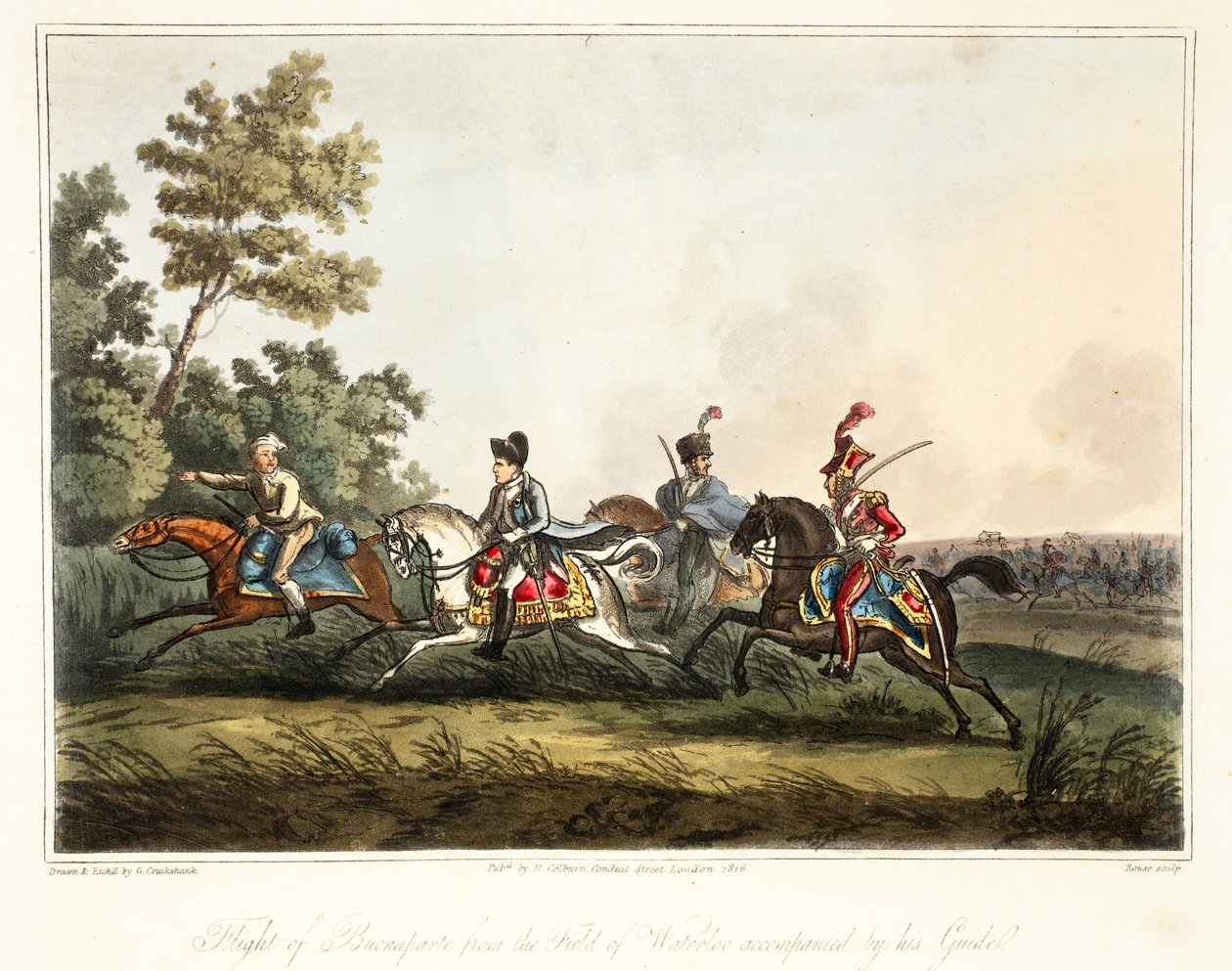 Flucht von Buonaparte vom Schlachtfeld von Waterloo, begleitet von seinem Führer, graviert von Rouse, veröffentlicht von H. Colburn, 1816 von George Cruikshank
