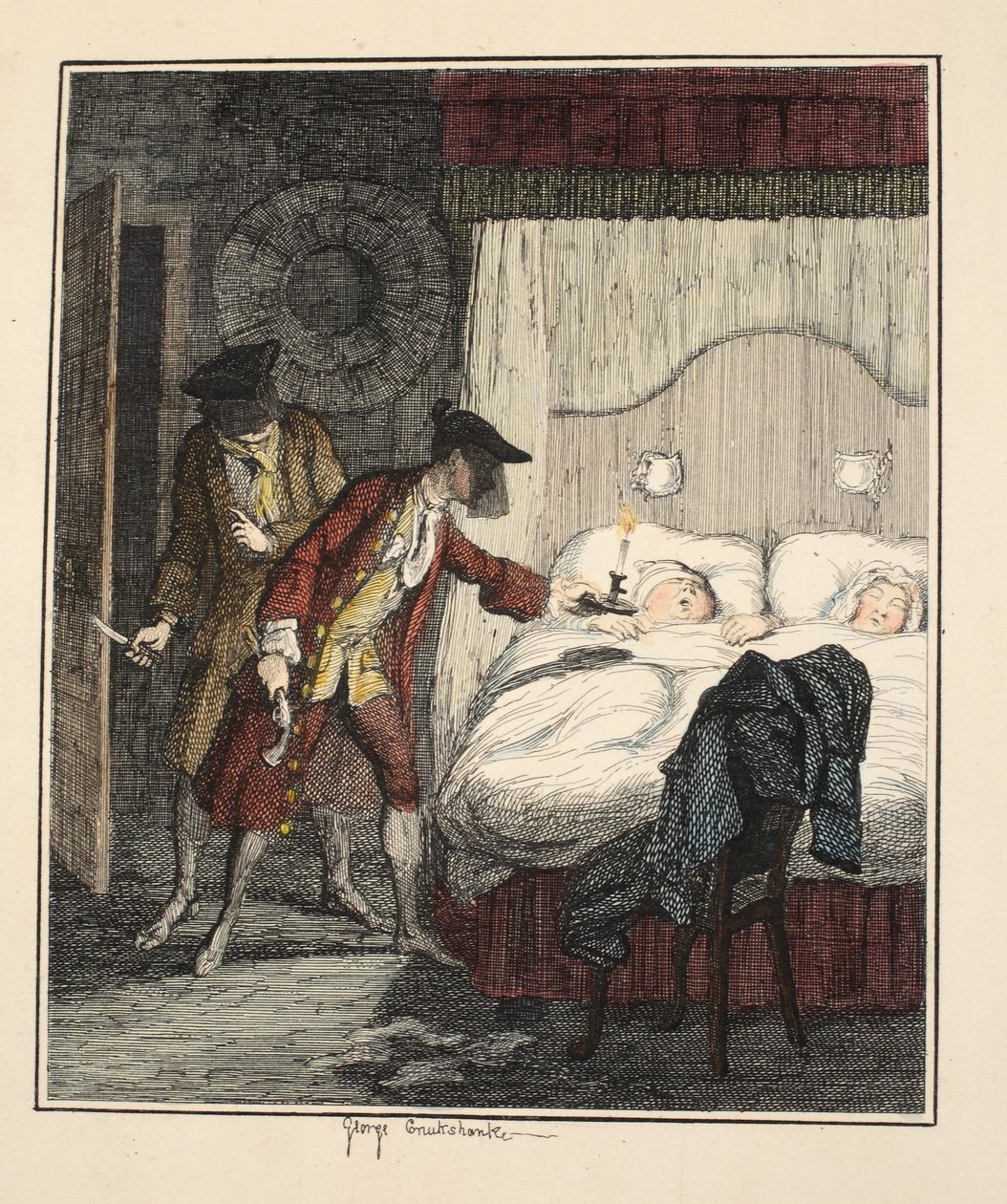 Jack Sheppard & Blueskin im Schlafzimmer von Mr. Wood, Illustration aus Jack Sheppard: Eine Romanze von William Harrison Ainsworth, veröffentlicht 1839 von George Cruikshank