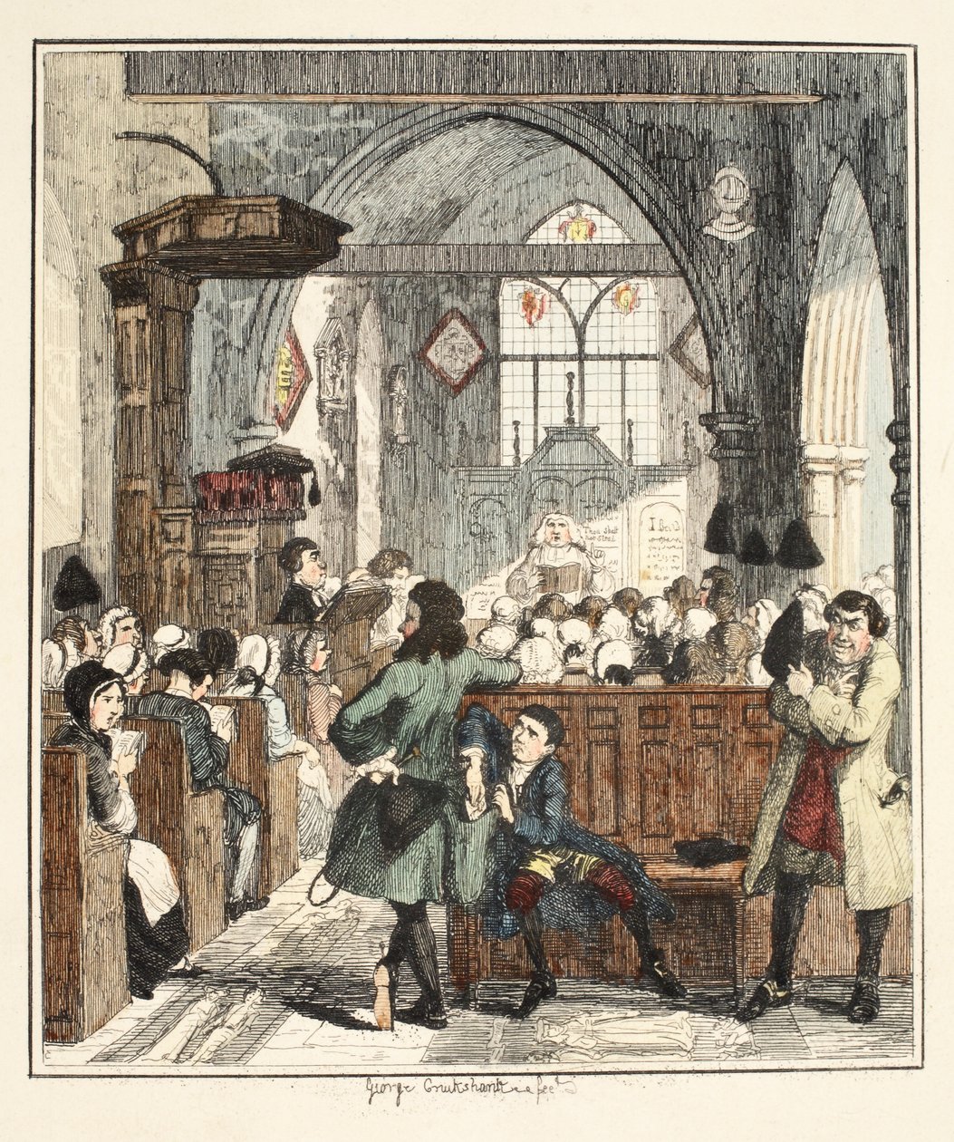 Jack Sheppard begeht einen Raubüberfall in der Kirche von Willesden, Illustration aus Jack Sheppard: Eine Romanze von William Harrison Ainsworth, veröffentlicht 1839 von George Cruikshank