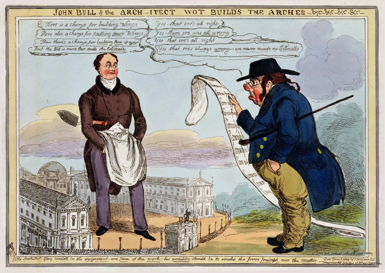 John Bull und der Architekt, der die Bögen baut - Karikatur veröffentlicht 1829 von George Cruikshank