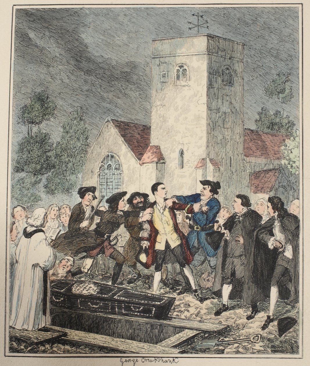 Jonathan Wild ergreift Jack bei der Beerdigung seiner Mutter auf dem Friedhof von Willesden, Illustration aus Jack Sheppard: Eine Romanze von William Harrison Ainsworth, veröffentlicht 1839 von George Cruikshank