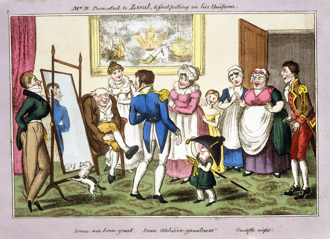 Mr B. befördert zum Leutnant und zieht zum ersten Mal seine Uniform an, 1835 von George Cruikshank