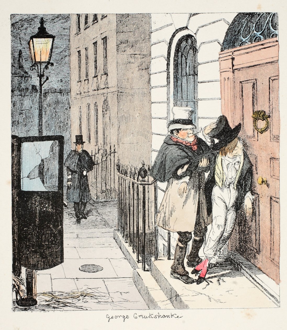 Mr. Lambkins Gewohnheiten werden immer schlimmer!? Um 3 Uhr morgens wird er (sehr fröhlich) von einem gutherzigen Kutscher an seine eigene Tür gestellt, aus The Bachelors Own Book oder der Fortschritt von Mr. Lambkins von George Cruikshank