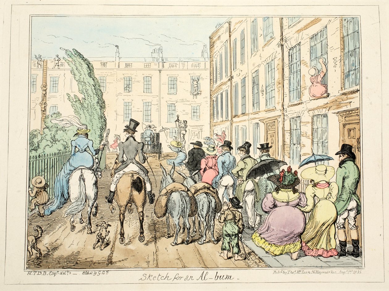Skizze für ein Album, veröffentlicht 1835 (handkolorierte Gravur) von George Cruikshank