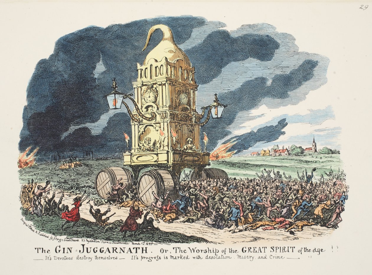 Der Gin Juggarnath oder die Verehrung des großen Geistes des Zeitalters!! - Seine Anhänger zerstören sich selbst - Sein Fortschritt ist von Verwüstung, Elend und Verbrechen geprägt, veröffentlicht 1835 von George Cruikshank
