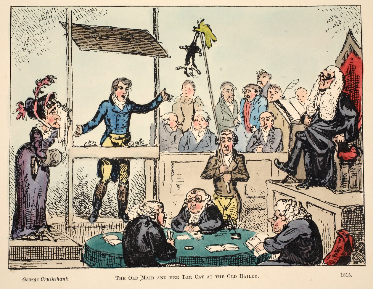 Die alte Jungfer und ihre Katze am Old Bailey von George Cruikshank