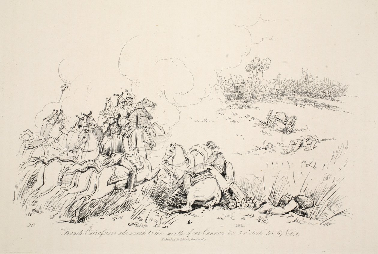 Französische Karabiniers rückten bis zum Mund unserer Kanonen vor, veröffentlicht von J. Booth, 1816 von George Jones