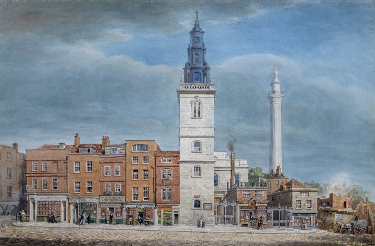 Ansicht der St. Michael Kirche, Crooked Lane, London, entworfen von Christopher Wren, während der Abrisse für die Neue Londoner Brücke, ca. 1830 von George the Elder Scharf