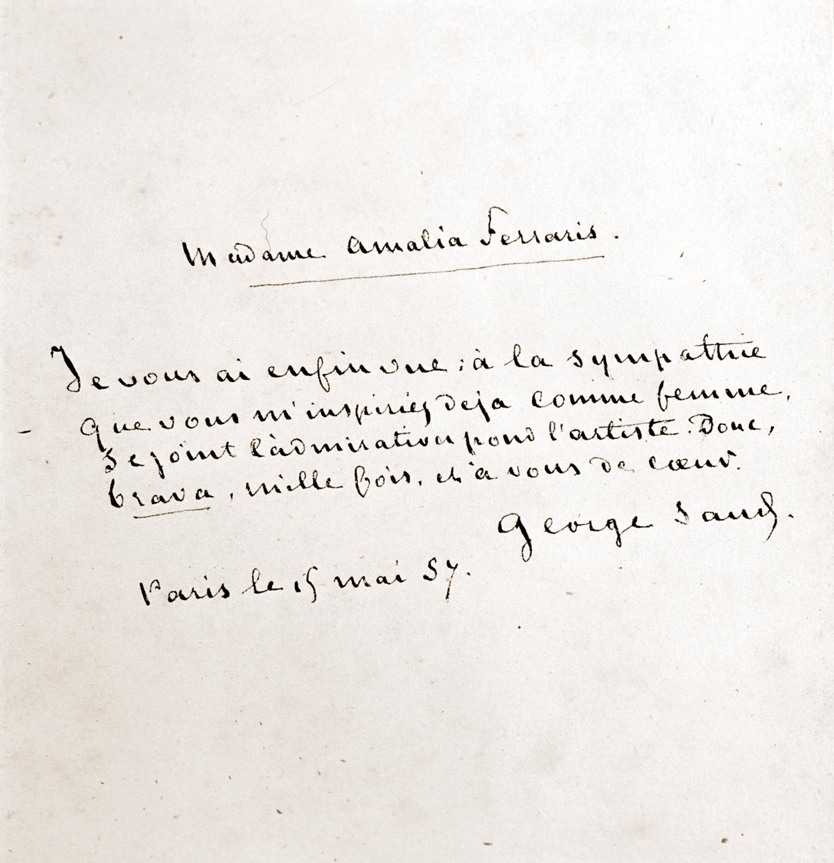 Brief von George Sand (Aurore Dupin, Baronne Dudevant) an Madame Amalia Ferraris, Paris, 19. März von George Sand
