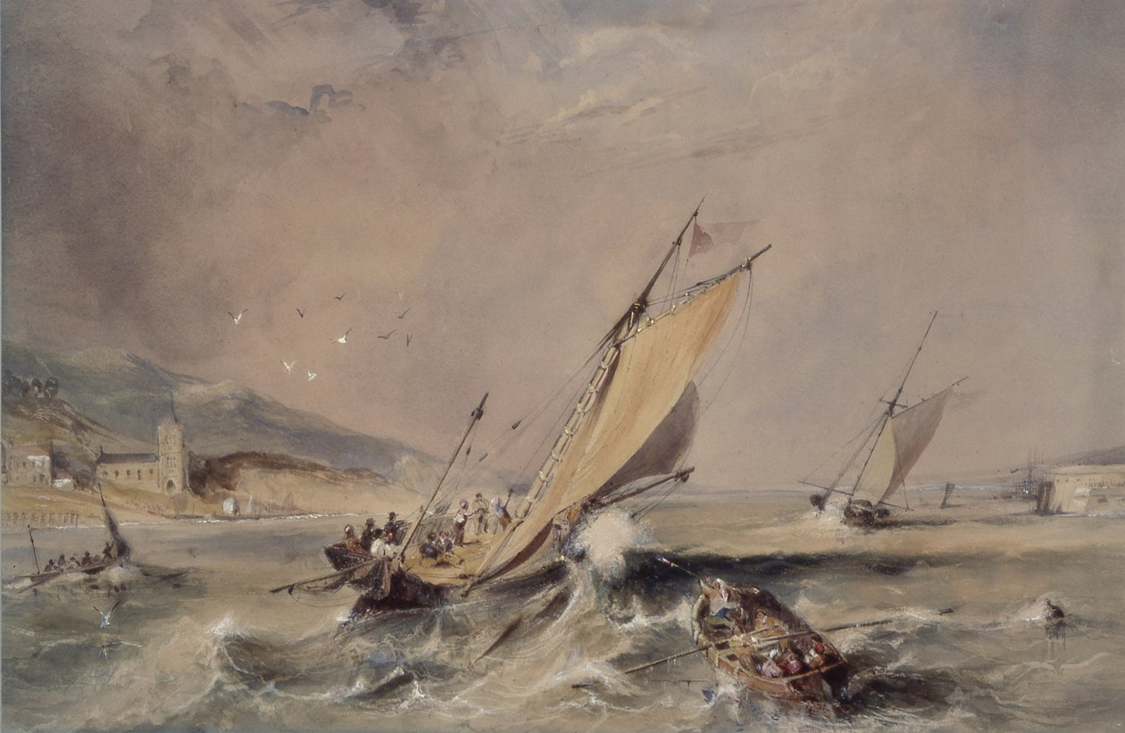 Küstenszene: Boote am Hafeneingang von George Balmer