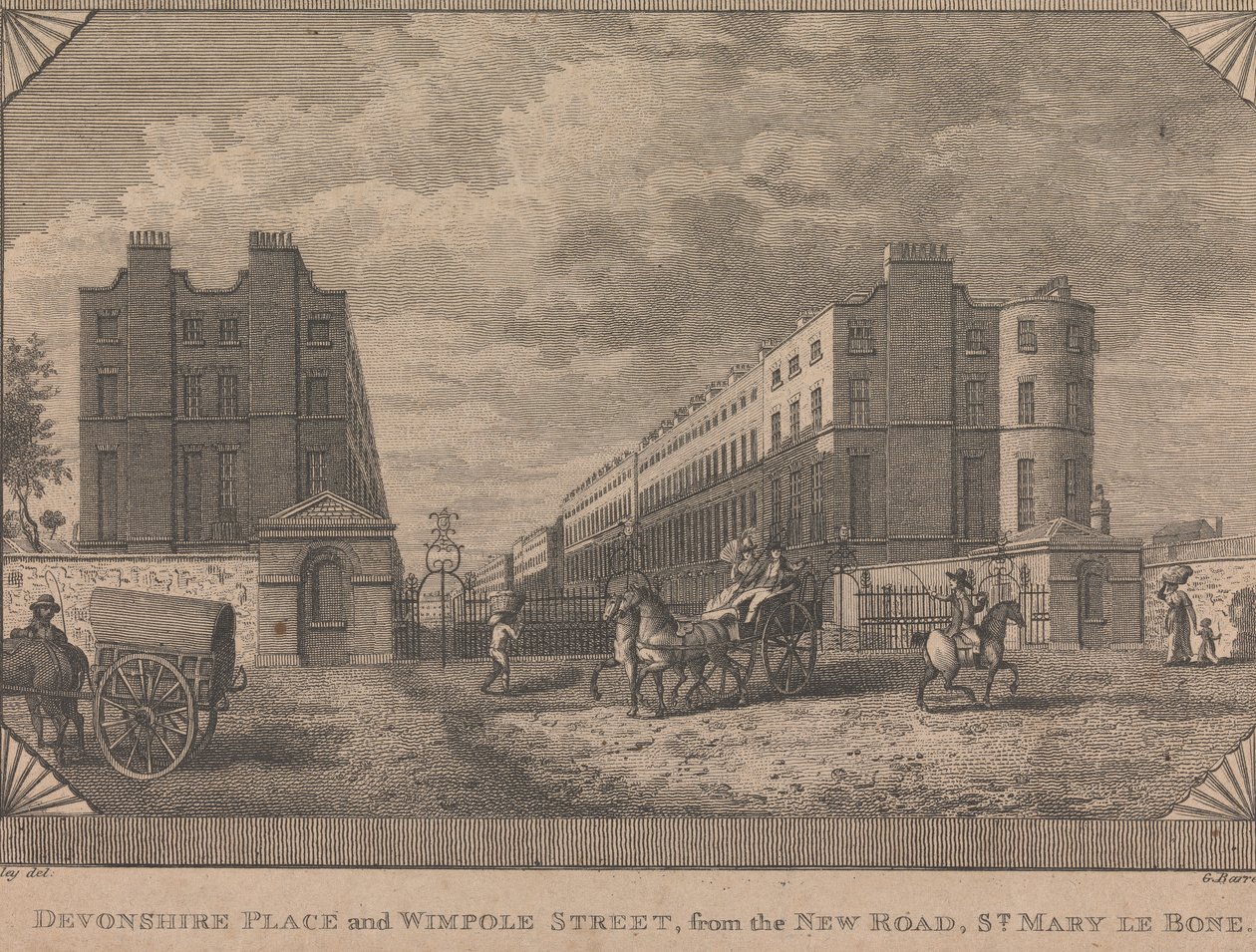 Devonshire Place und Wimpole Street, von der New Road, St. Mary le Bone von George Barret