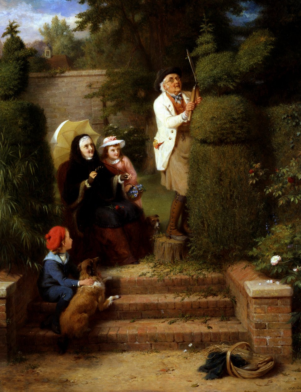Im Garten. Eine Großmutter und ihre zwei kleinen Kinder beobachten ihren Großvater, der einen Busch in Tierform im Garten schneidet. Gemälde von George Bernard O`Neill (1828-1917 Britisch) Privatsammlung von George Bernard O