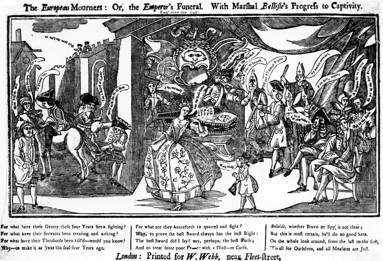 Die europäischen Trauernden oder das Kaiserbegräbnis mit Belleisles Fortschritt zur Gefangenschaft, 1745 von George Bickham