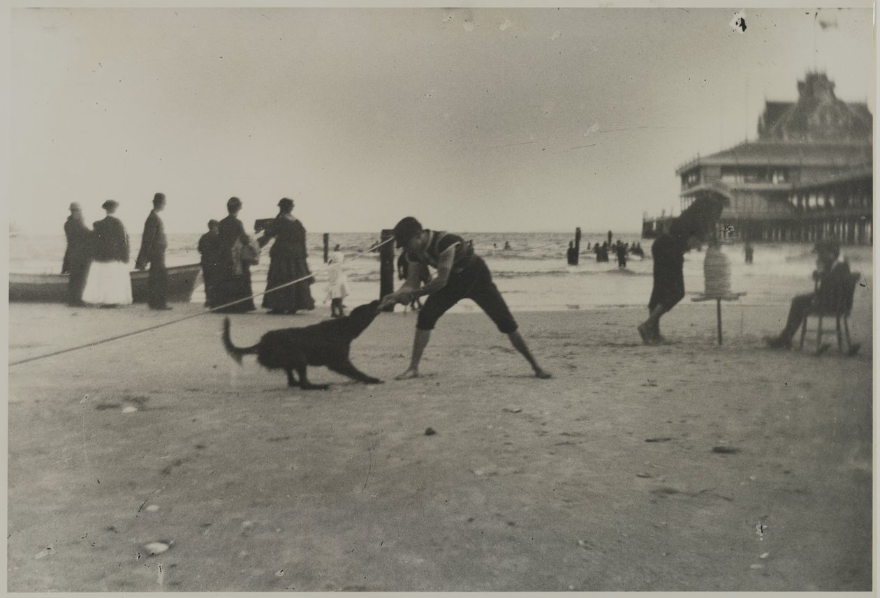 Junge und Hund, Iron Pier, Coney Island, Brooklyn, ca. 1885 von George Bradford Brainerd