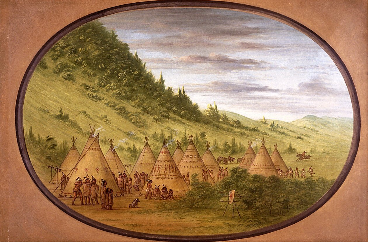 Ein Ojibwe-Dorf mit Zelten aus Tierhäuten von George Catlin