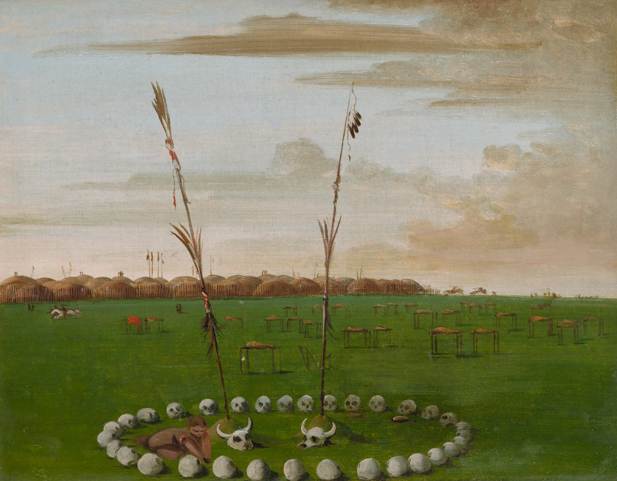 Rückansicht des Mandan-Dorfes, zeigt den Friedhof, 1832 von George Catlin