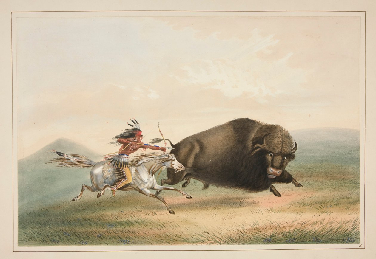 Büffeljagd, Verfolgung, Tafel 5 aus dem Nordamerikanischen Indianer-Portfolio von George Catlin