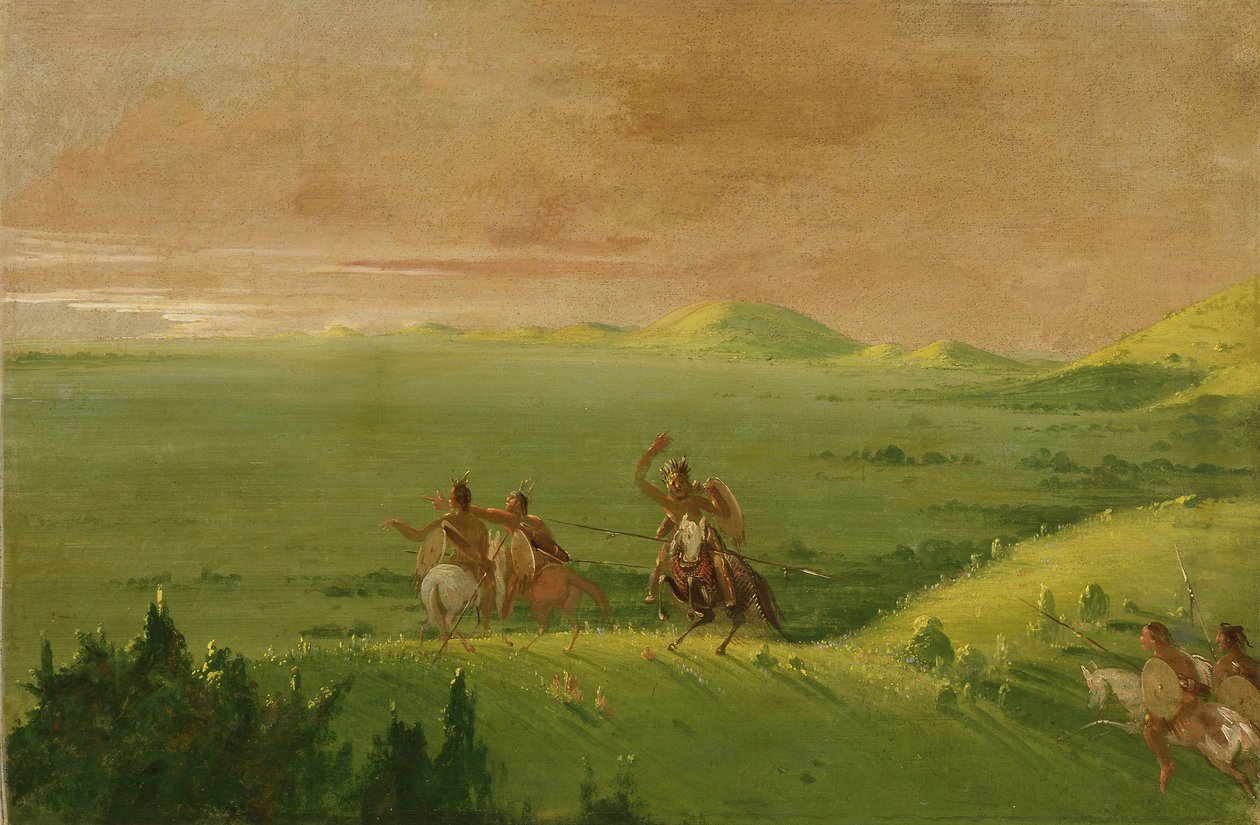 Comanche-Kriegspartei, Häuptling entdeckt den Feind und drängt seine Männer bei Sonnenaufgang von George Catlin