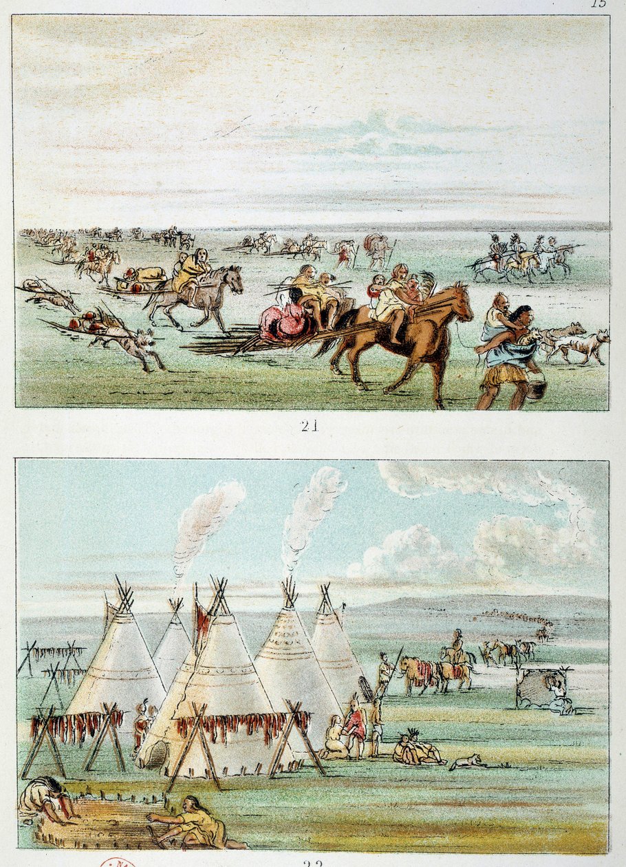 Indianer Amerikas: (oben) Stamm zieht mit Fellen zum Verkauf. (unten) Stamm von 500 bis 600 Tipis. Illustration von George Catlin von George Catlin