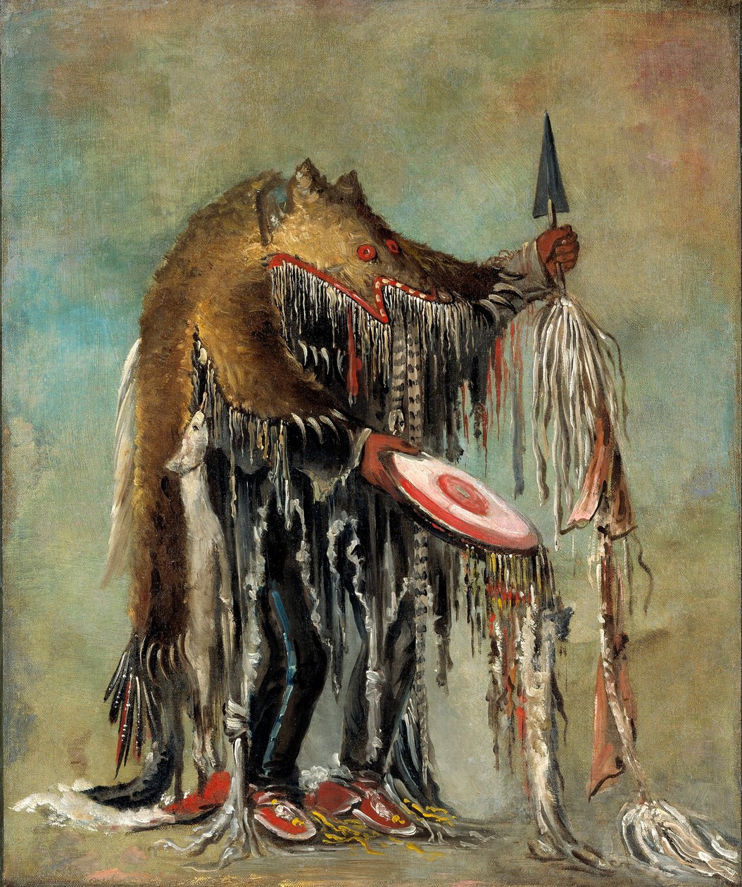Medizinmann, der seine Geheimnisse über einem sterbenden Mann vollzieht von George Catlin