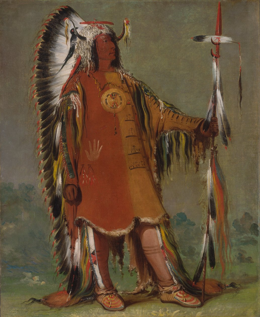 Máh-to-tóh-pa, Vier Bären, Zweiter Häuptling, in voller Tracht, 1832 von George Catlin