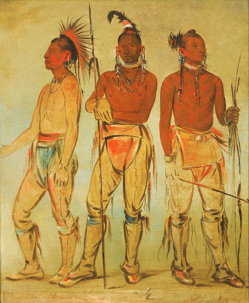 Mun-ne-pús-kee, Der, der keine Angst hat, Ko-ha-túnk-a, Großer Rabe, und Nah-cóm-ee-shee von George Catlin