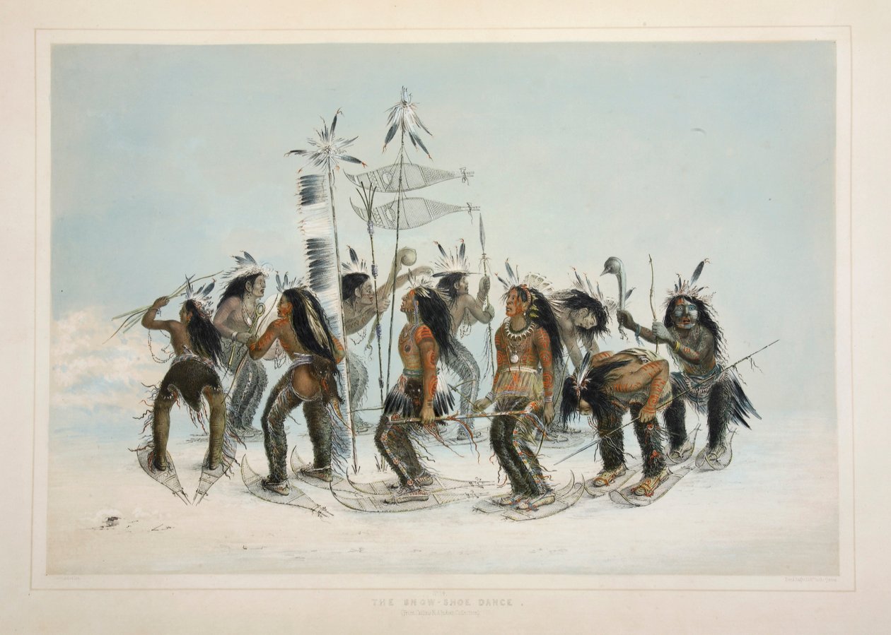 Der Schneeschuh-Tanz, veröffentlicht 1845, Farblithographie von George Catlin