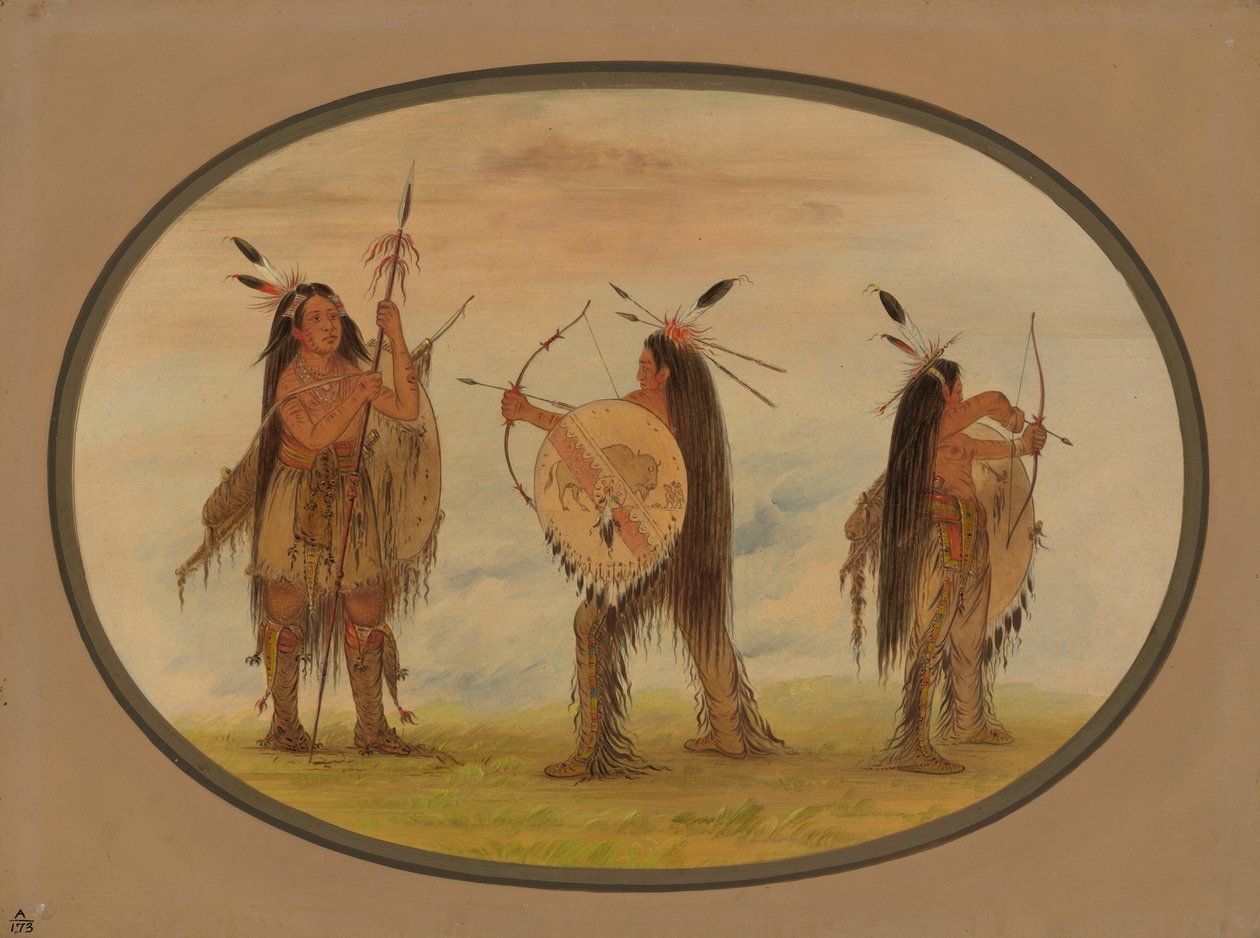 Drei Mandan-Krieger bewaffnet für den Krieg, 1861-1869 von George Catlin