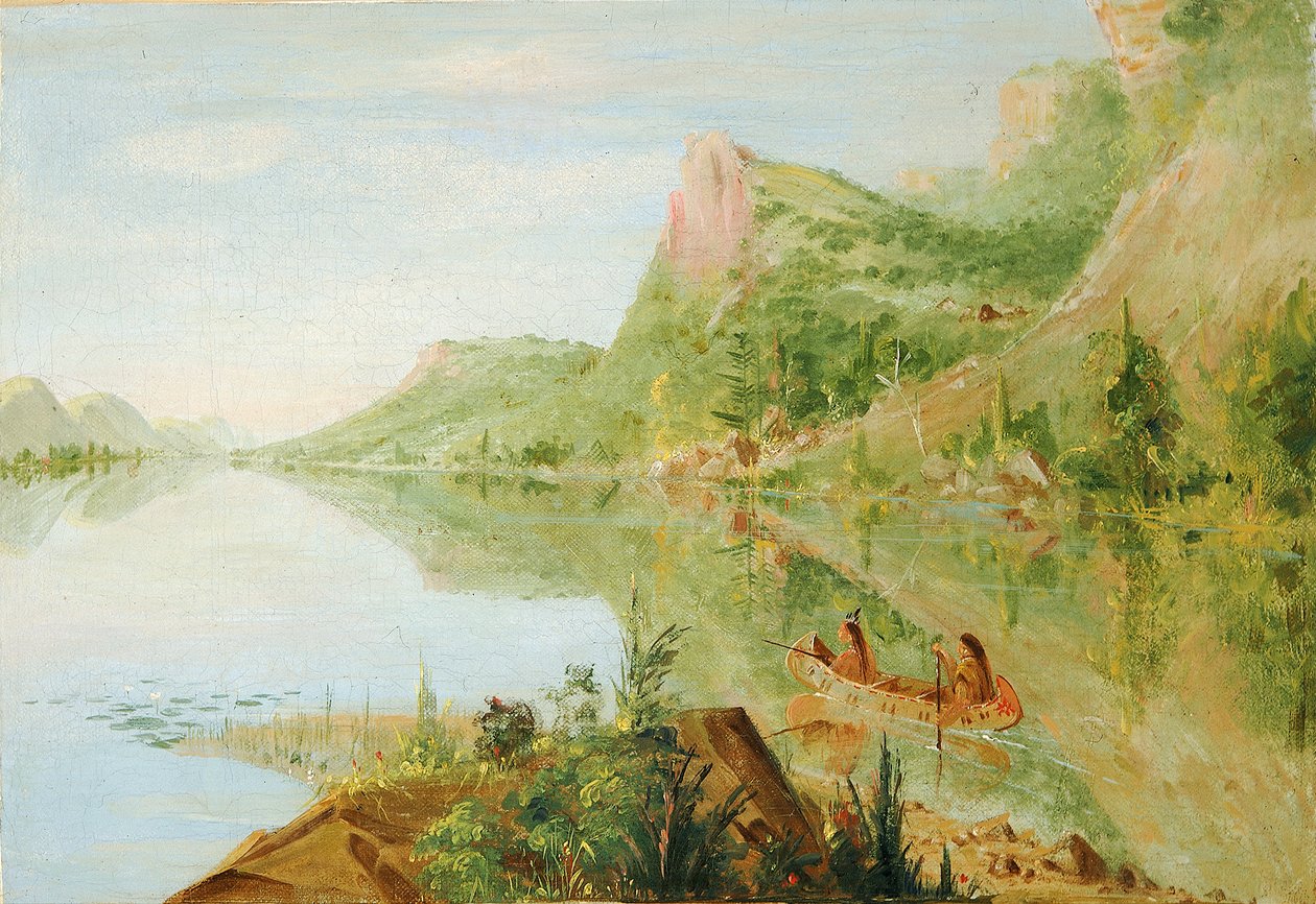Blick auf den Wisconsin River, Winnebago schießt Enten von George Catlin