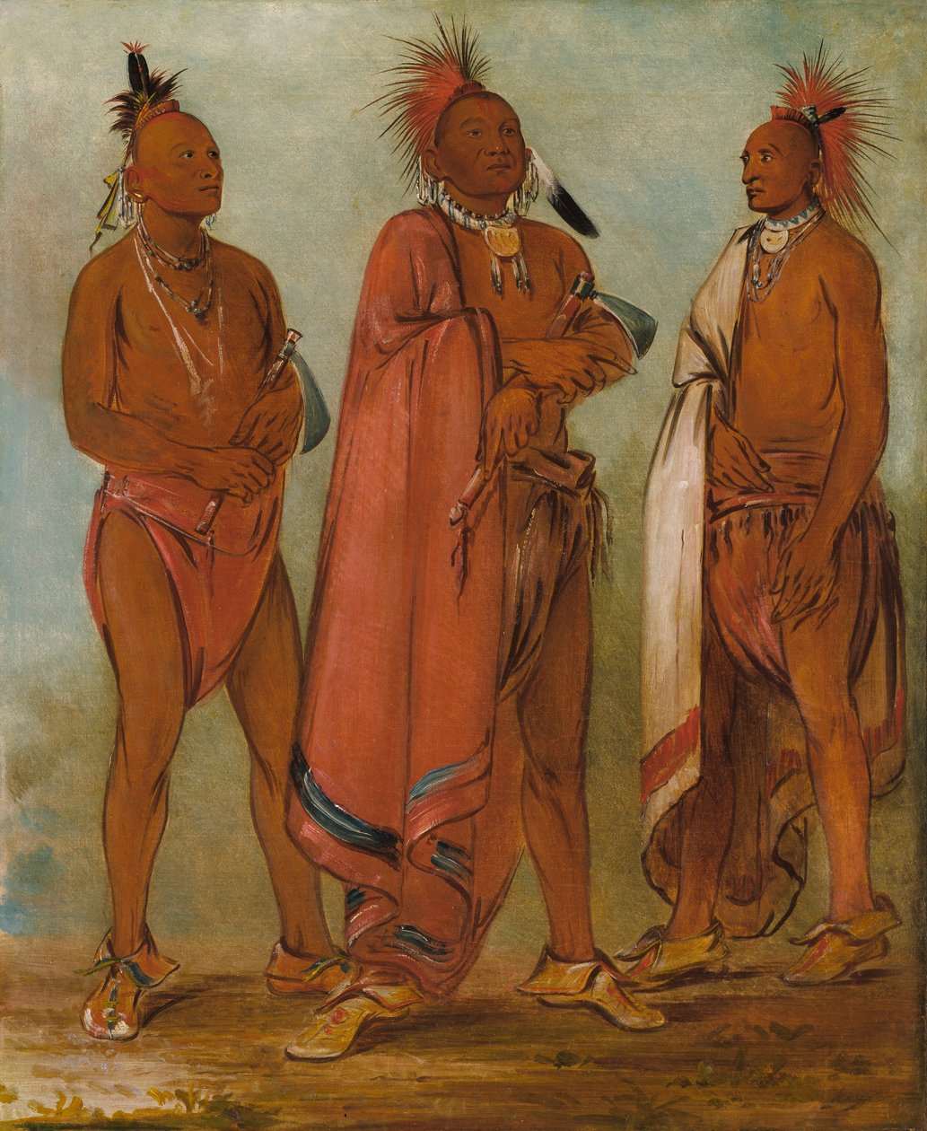 Wa-másh-ee-sheek, Der, der wegnimmt; Wa-chésh-uk, Krieg; Mink-chésk, Drei herausragende junge Männer von George Catlin