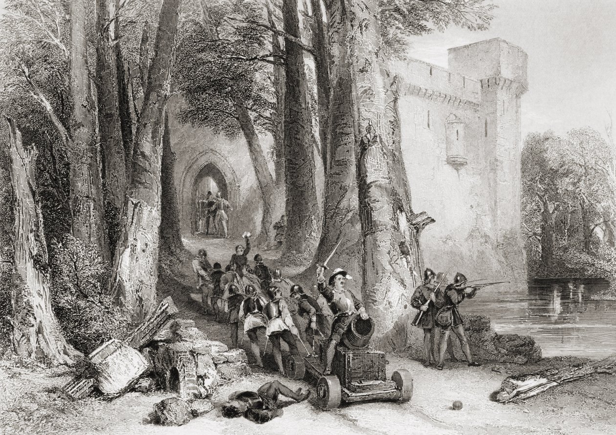 Die Belagerung von Lathom House, 1644, graviert von W. Topham von George Cattermole