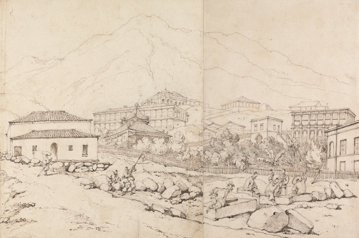 Gebäude an einem Berghang in einem bergigen Dorf (China?) von George Chinnery