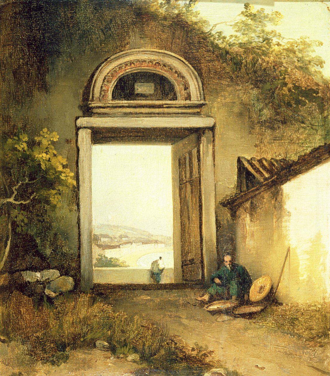 Ansicht von Praya Grande, Macao, von einer Türöffnung auf dem Penha-Hügel von George Chinnery