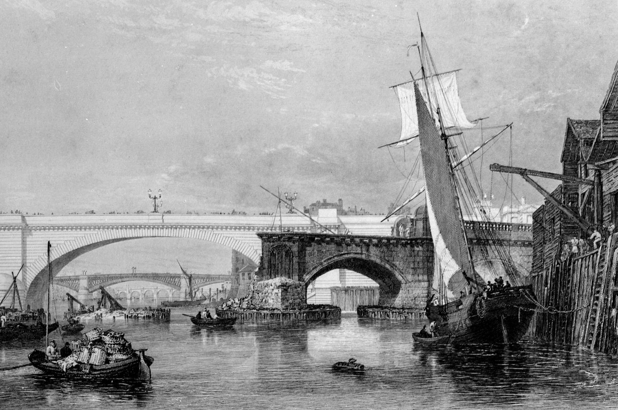 Teil der alten und neuen Londoner Brücken, 1832 von George Cooke