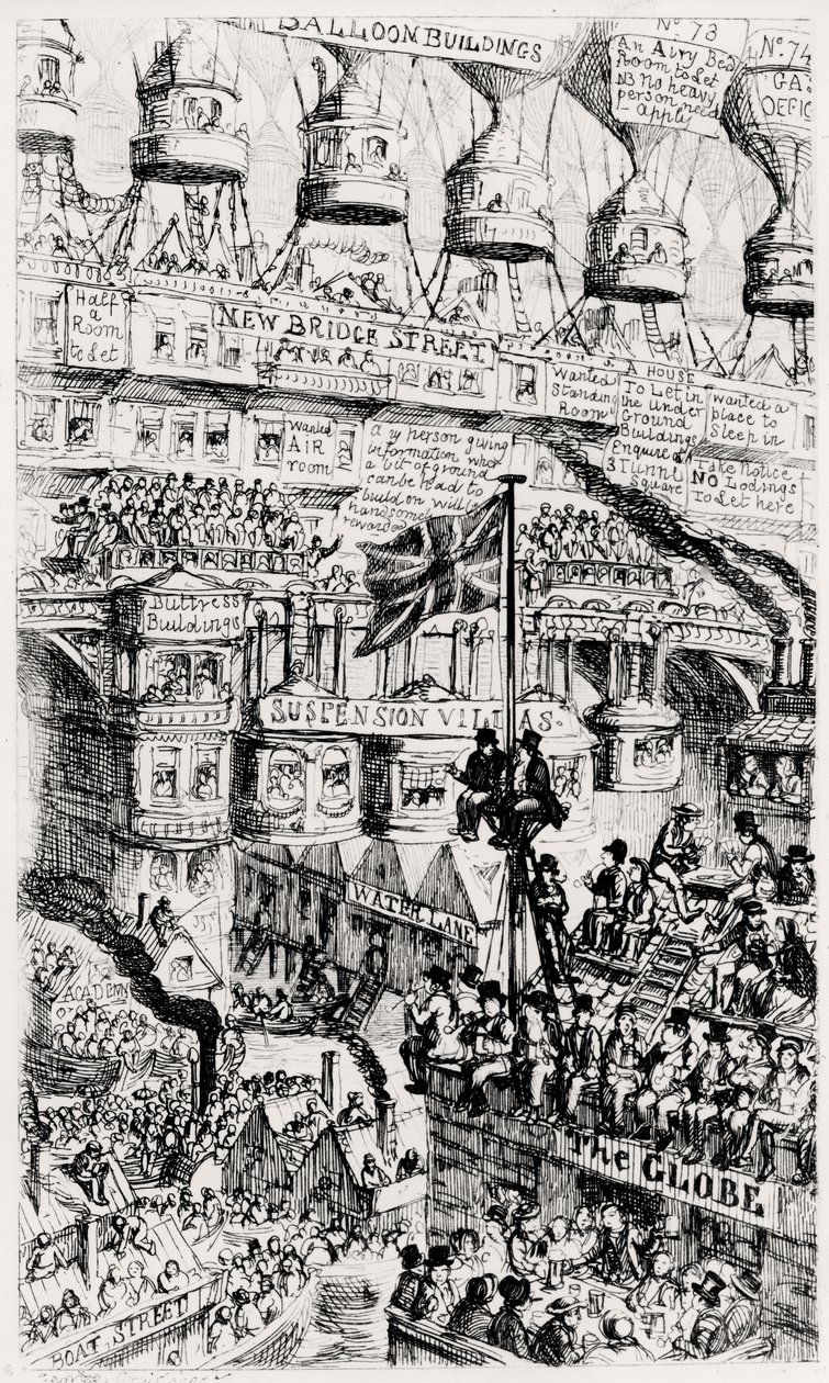 Eine malthusianische Ansicht eines überfüllten Londons, England, der Zukunft, nach den Schriften von Thomas Malthus von George Cruikshank