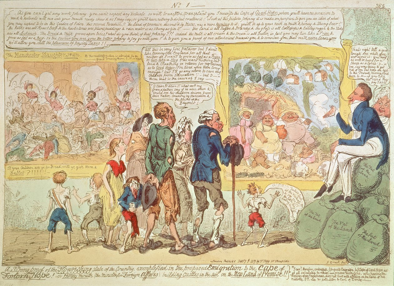 "Ein starker Beweis für den florierenden Zustand des Landes, veranschaulicht durch die geplante Auswanderung zum Kap der Guten Hoffnung!" von George Cruikshank